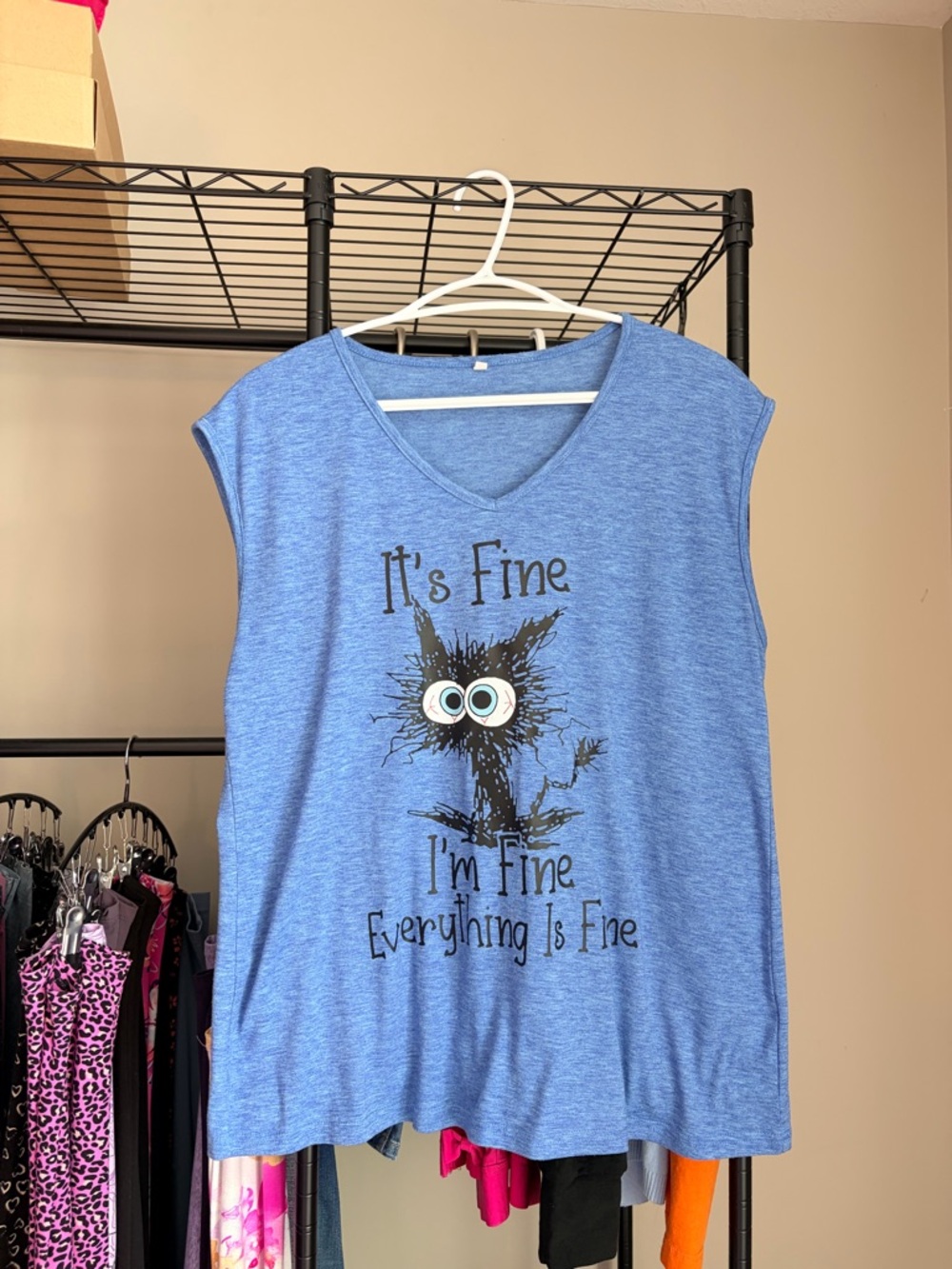 Blue Graphic V-Neck Tee - "It's Fine"